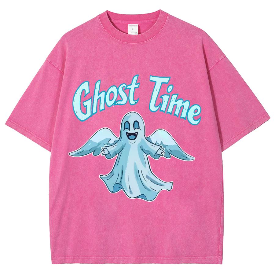 Blue Cartoon Ghost Print Women's T-Shirt Unisex Wash Cotton Crew Neck High Quality Short Sleeve Summer Basic Top