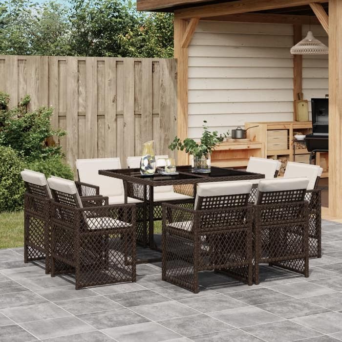 VidaXL Ensemble à manger de jardin et coussins 9 pcs marron poly rotin, ensemble de salle à manger d'extérieur 3210837