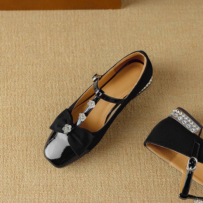 Krazing Pot Sheepskin Summer Size 40 Crystal Low Heels Butterfly-knot Rhinestone Flowers Square Toe Elegant Sweety Pumps
