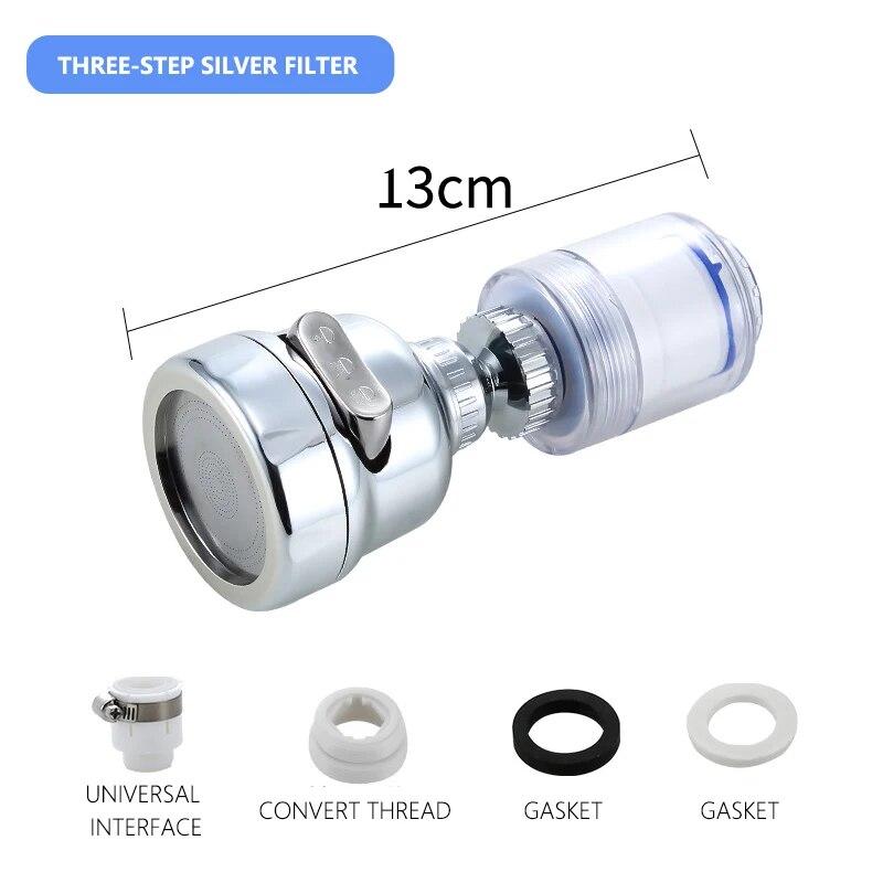 Grifo de baño de cocina de 3 modos con filtro, giratorio de 360 ​​°, grifo de ahorro de agua, rociador de agua, mezclador, aireador, extensor de grifo, accesorios para fregadero de cocina plata