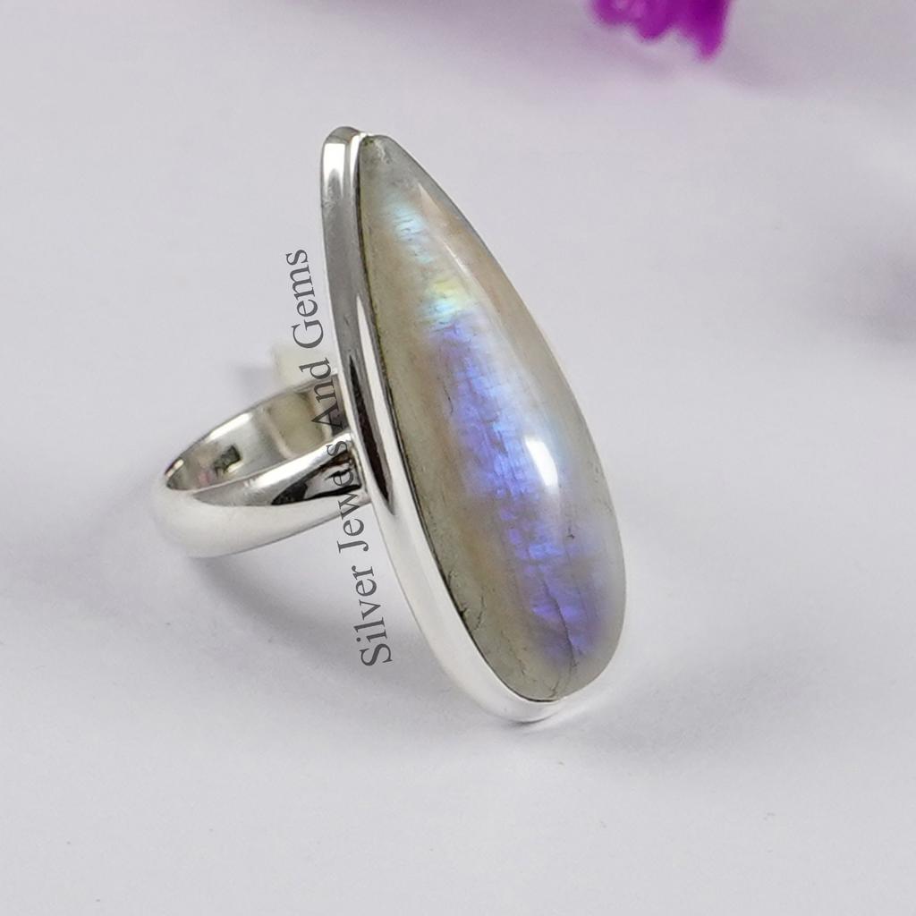 Teardrop Natural Moonstone Long Ring: White Gemstone 925 Silver Ring