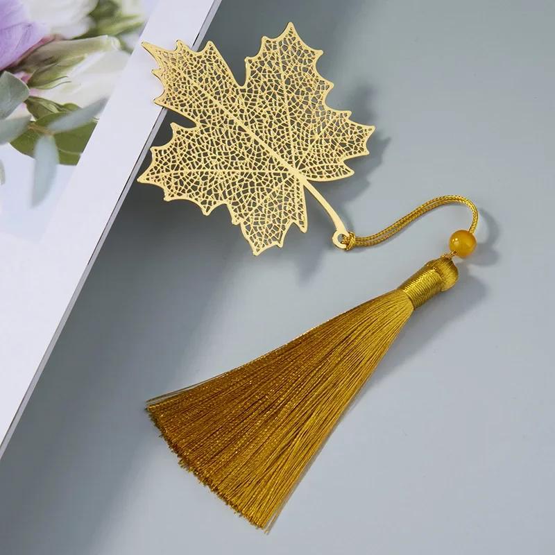 Chinese Hollow Maple Leaf Fringed Apricot Leaf Bookmark Creative Metal Painting Bookmark Gifts Brass Tassel School Stationery