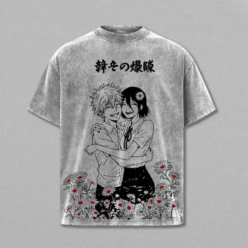 Reze Denji Chainsaw Man Anime T-shirt For Men Clothing Summer Short Sleeve Cotton Tees Tops Vintage Washed Oversized Tshirt