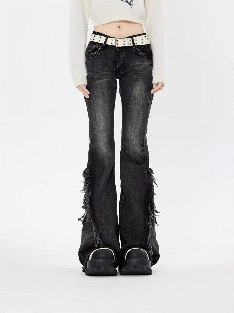New 2024 Low Waist Gray Flared Jeans for Women - Retro Raw Edge Style