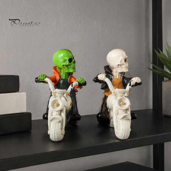 Resin Skeleton Decor Halloween Riding Motorcycle Figurine, Gothic Spooky Statue for Home Atmosphere Prop Garden, Biker Skull Desk Shelf, Unique