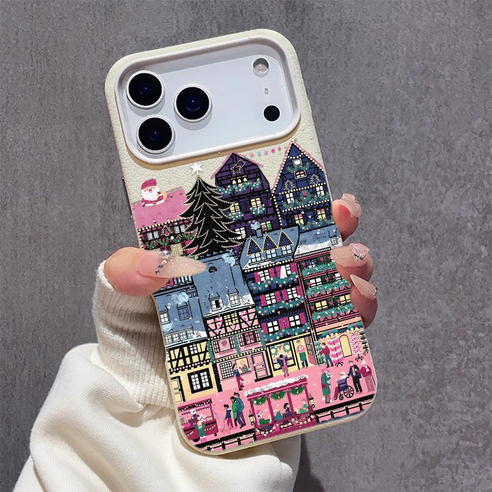 

Christmas Pink Town Festive Phone Case For iPhone 17 16 Pro Max 15 14 Plus 13 12 11 17Air X XR Faux Leather Soft Cover iPhone XR