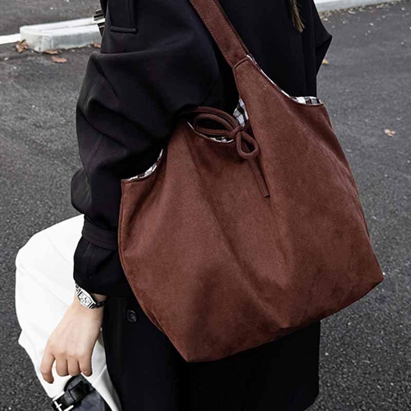 2025 Korean Autumn and Winter New Product Plaid Lazy Style Large Version Shoulder Bag Women's Reversible Trend Tote Bag