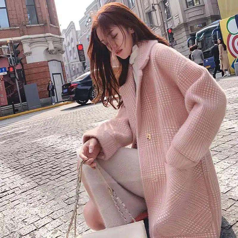 Faux Mink Cashmere Popular Plaid Coat Winter Women's New Korean Version of The Coat Long Lapel Woolen Coat