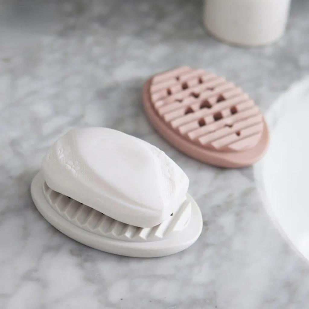 Oval Silicone Soap Dish with Self Draining Multifunctional Bathroom Storage Rack Holder for Sink Counter Organizer