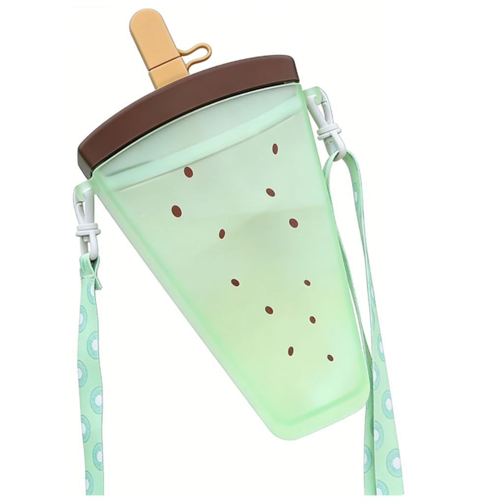 Kids Water Bottle with Straw Adjustable Strap PC Leakproof Reusable Toddler Cup for School Sport Travel Green Kiwi