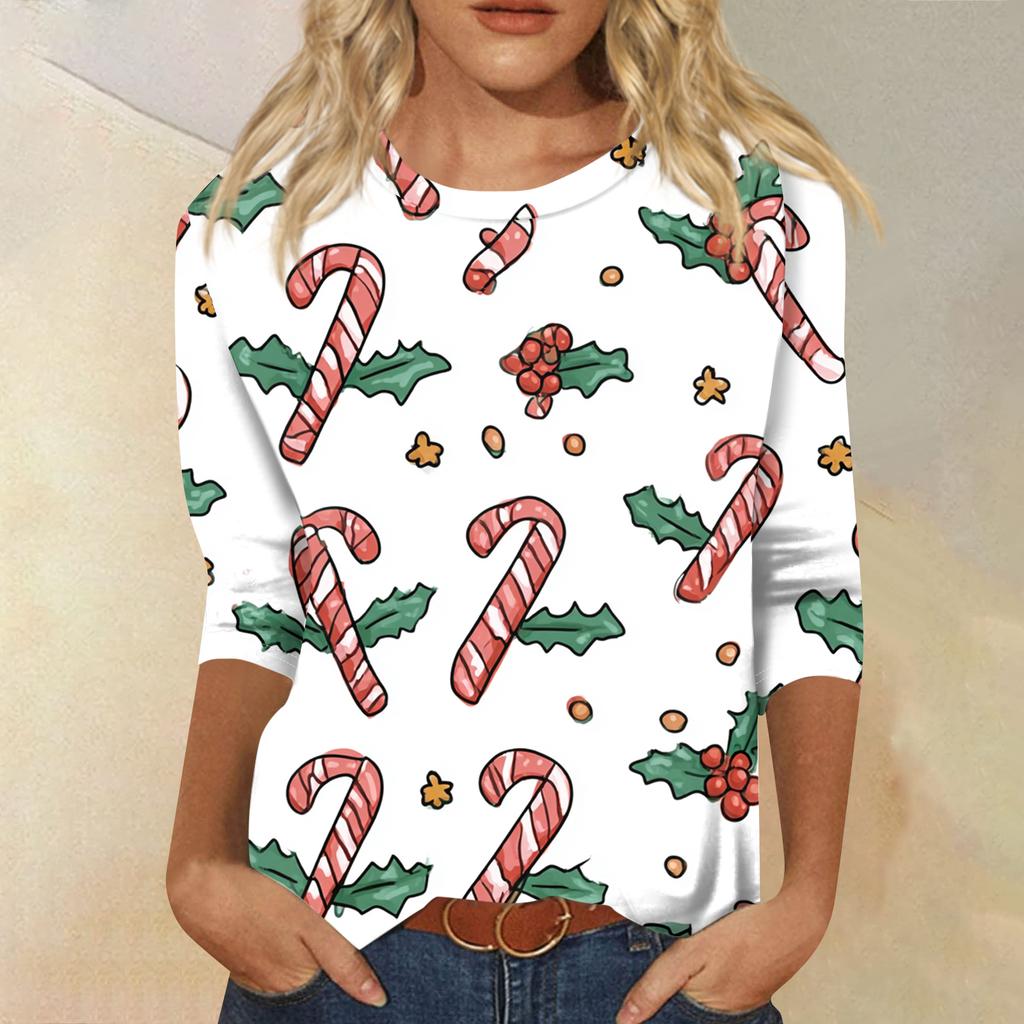 Women's Fashion Casual Round Neck Three-quarter Sleeve Christmas Print T-shirt Top