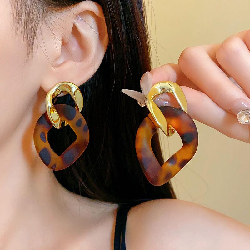 Silver Needle Rhombus Leopard Print Earrings - Retro Design Dangle Earrings, Light Luxury and Versatile