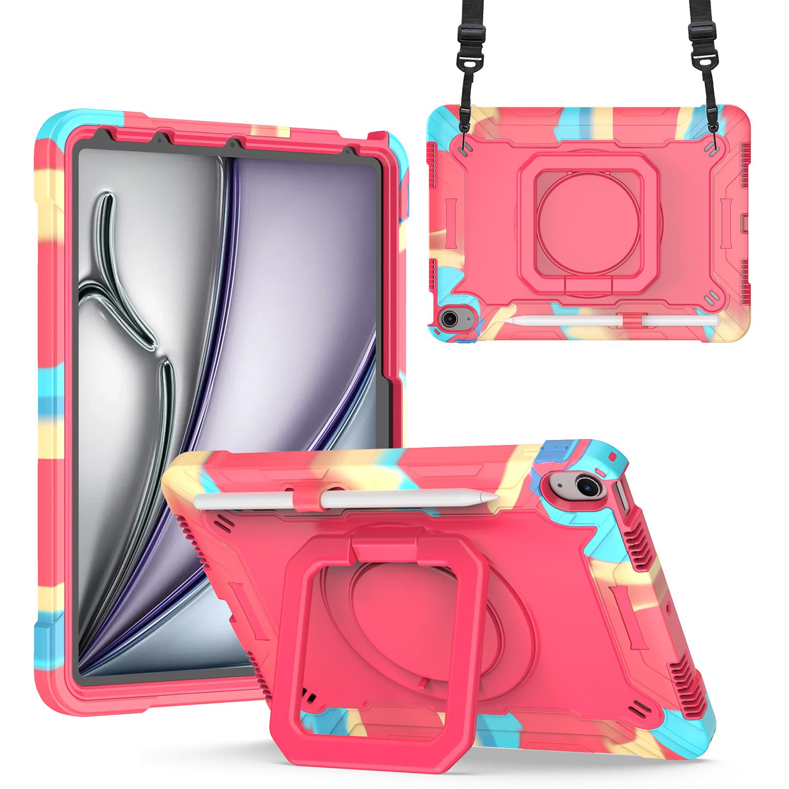 

For iPad Air 11 (2025)/(2024) Case with Shoulder Strap PC+Silicone Hand Grip Kickstand Tablet Cover Camouflage+Rose