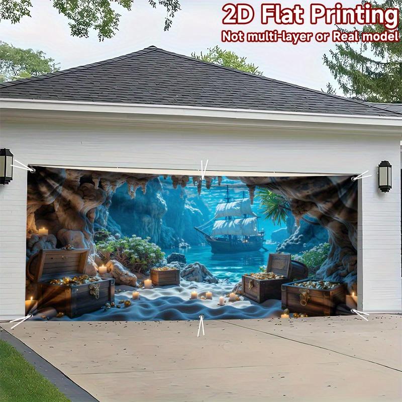 The Background of the Pirate Treasure Cave Features Underwater Pirate Ship Wreckage Party Decorations with Treasure Chests.