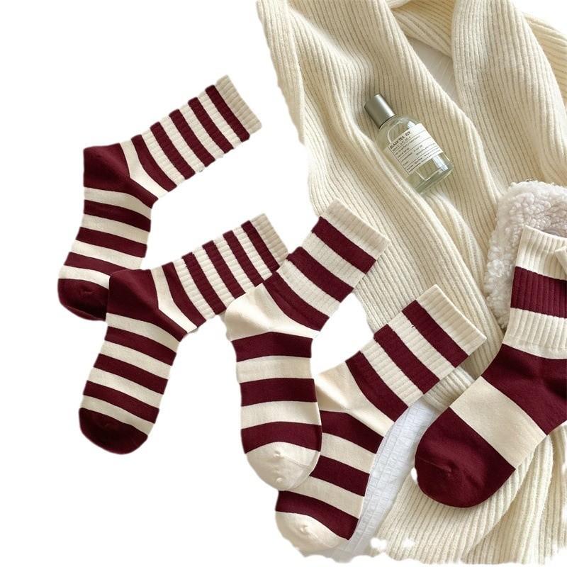 Ankara Red Socks Women'S New Embroidered Bow Striped Women'S Medium Tube Socks Trendy Girl Stacking Socks