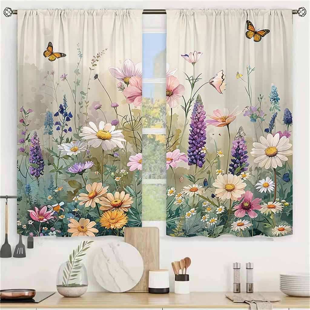 2Pcs Pastoral Floral Curtains 3D Butterfly Wildflower Pattern Living Room Bedroom Balcony Sunshade Fresh Nature Decor Curtains