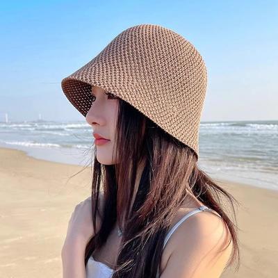 Sommer Damen Eimerhut Ausgestanzt Atmungsaktiv Sonnenhut Outdoor Anti-UV Strand Panama-Kappe Faltbar Breiter Rand Gestrickte Fischerhut-Kappe