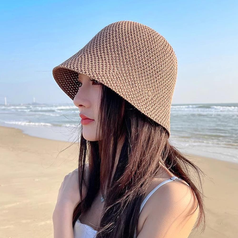 Summer Women Bucket Hat Hollow Out Breathable Sun Hat Outdoor Anti-UV Beach Panama Cap Fold Wide Brim Knitted Fishierman Cap
