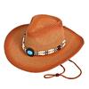 Women Men Bead Belt Straw Cowgirl Hat Retro Wide Brim Western Cap with Windproof Rope Outdoor UV Protection Jazz Hats
