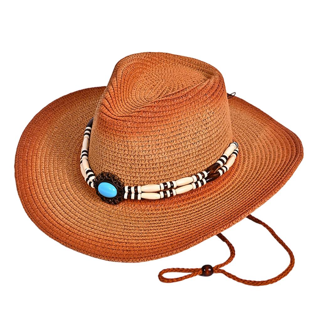 Women Men Bead Belt Straw Cowgirl Hat Retro Wide Brim Western Cap with Windproof Rope Outdoor UV Protection Jazz Hats