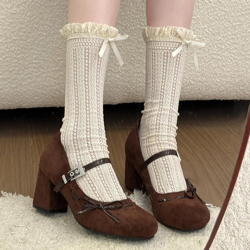 Vintage Mary Jane Shoes Women Spring New Versatile Bow Block Heel Temperament High Heels