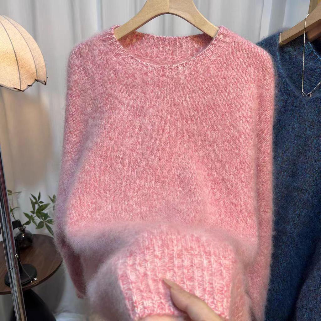 Women's Heavyweight Brushed Wool Pullover - Cozy, Heathered Yarn, Loose Fit, Round Neck, Versatile Knitwear for Autumn/Winter