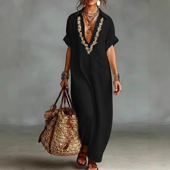 Sommer Baumwoll-Leinen Maxikleid für Damen Lässig V-Ausschnitt Kurzarm Fließendes Strand-Sonnenkleid Bestickte Tunika Langes Kleid mit Tasche