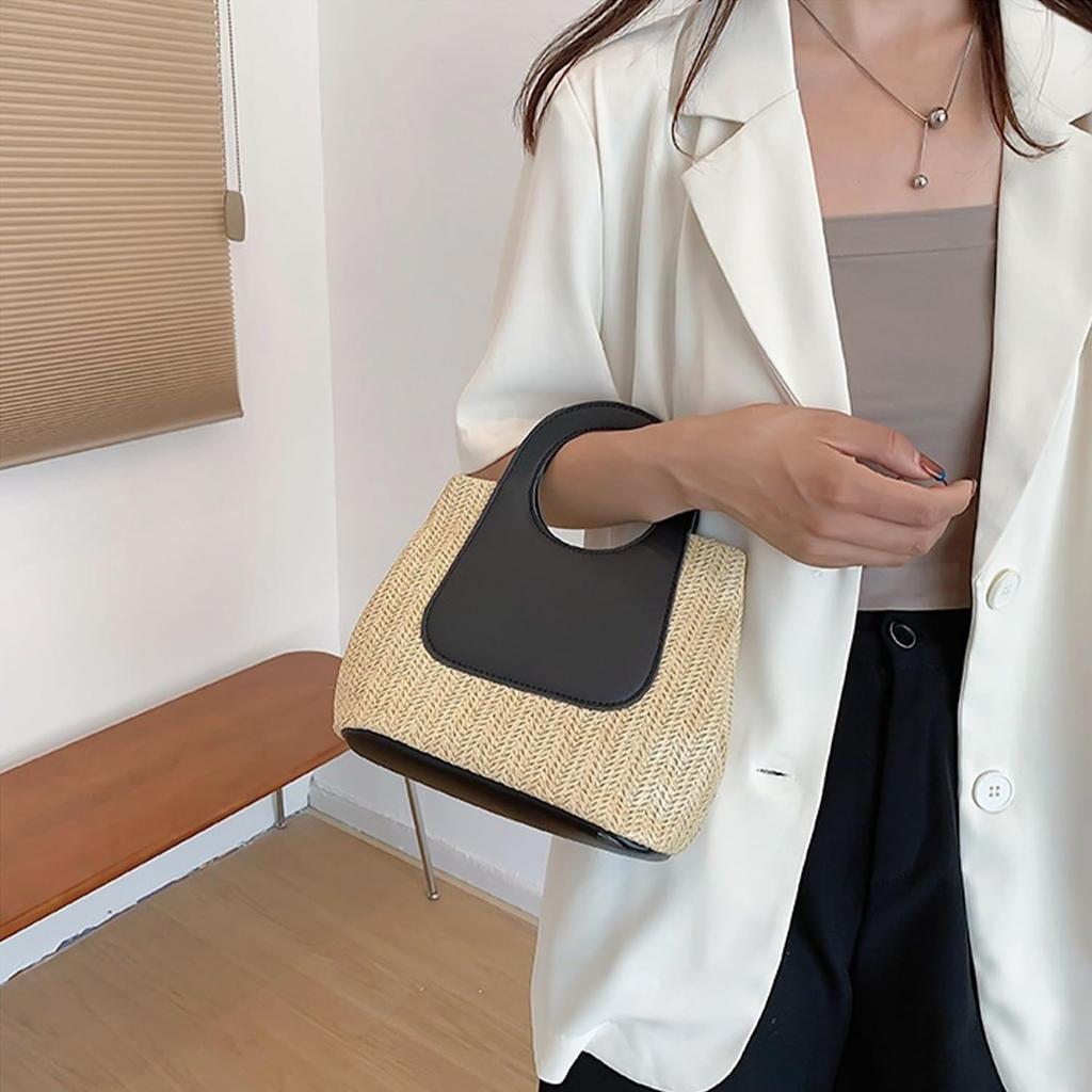 Queen-b Damen-Korbhandtasche, Stylische Flecht-Handtasche, Leicht, Lässig, Niedlich, Schlicht, Natürliches Design für Reisen und Ausflüge (Schwarz)