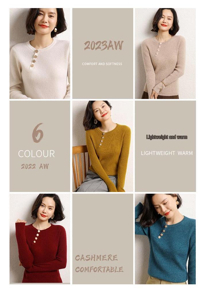 Women's Slim Fit Cashmere Sweater - Round Neck Ribbed with Diagonal Buttons, Elegant Knitwear for Autumn and Winter