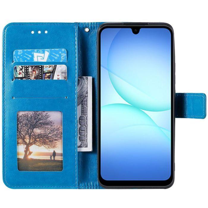 Coque de Protection - BOOLING - Samsung Galaxy A17 4G/5G - Cuir PU Bleu Motif Floral Géométrique