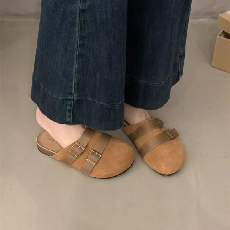 Fashion Women's Fashion Baotou Slippers Spring New Round Head Deep Mouth Suede Metal Buckle Anti-slip Wear-resistant Flat Shoes