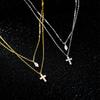 Real 925 Silver Double Layer Necklace Silver Shinying Zirconia Leaf and Cross Pendant for Women Wedding Party Jewelry