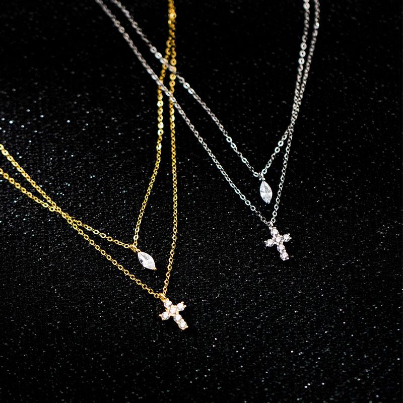 Real 925 Silver Double Layer Necklace Silver Shinying Zirconia Leaf and Cross Pendant for Women Wedding Party Jewelry