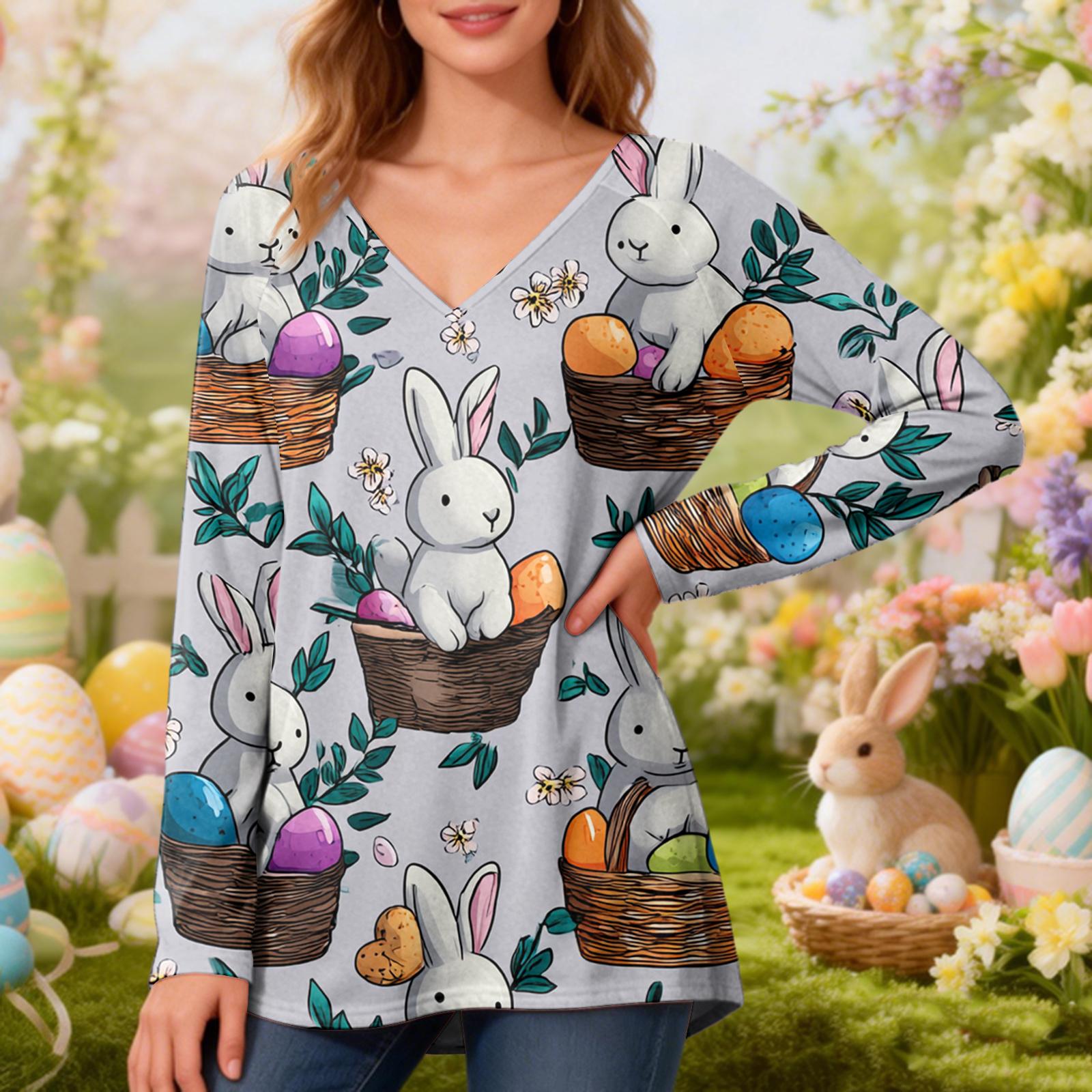 Women s Fashionable Casual Long-Sleeved Easter Print V-Neck Mid-Length Top M