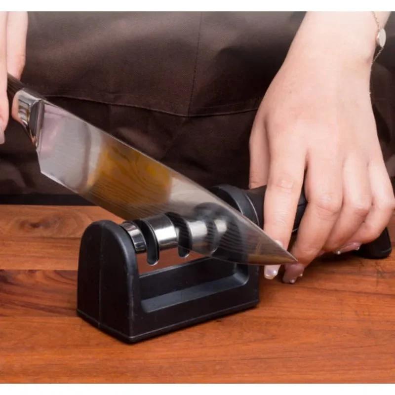 Kitchen Spaces 3-Segment Knife Sharpener Household Multi-Functional Hand-Held Three-Purpose Black Sharpening Stone