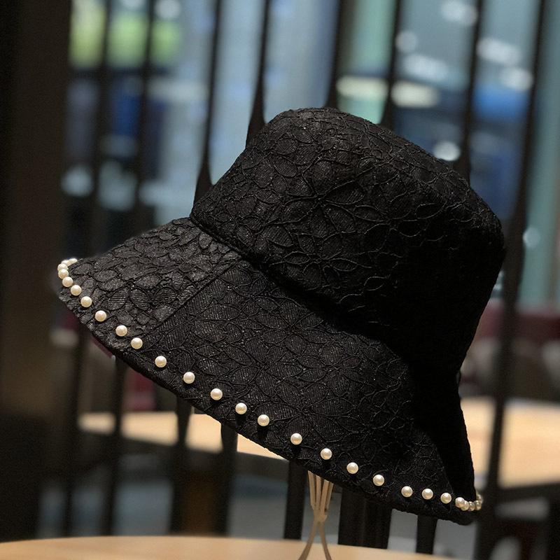 

Женская модная шляпа-ведро с кружевом и жемчугом, летняя солнцезащитная кепка, пляжная шляпа на открытом воздухе чёрный