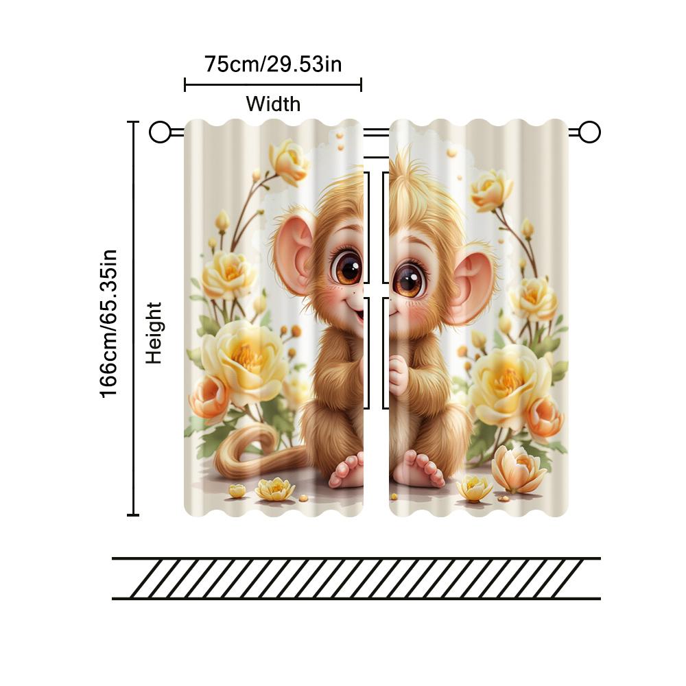 2 Pcs   Filtering Curtains (excluding Rods   Non-movable   Without Batteries) Cute Monkey for Use In Bedrooms and Living Rooms