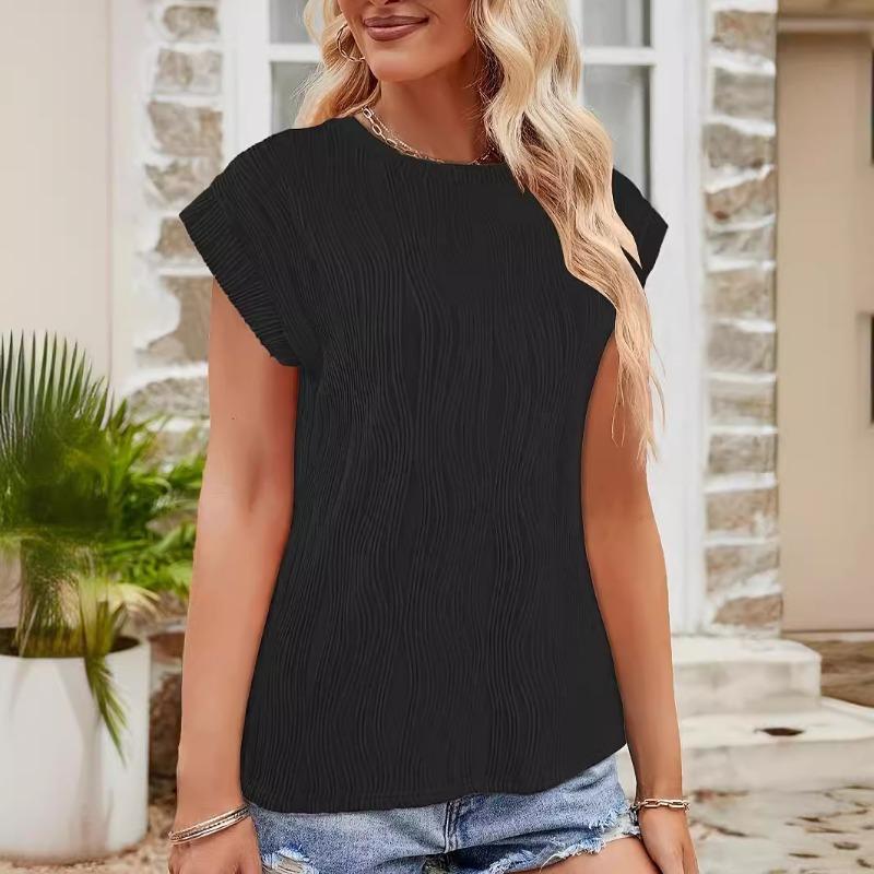 Top Casual de Vară pentru Femei, Mânecă Foarte Scurtă, Culoare Solidă, Textură, Pulover, Tricou