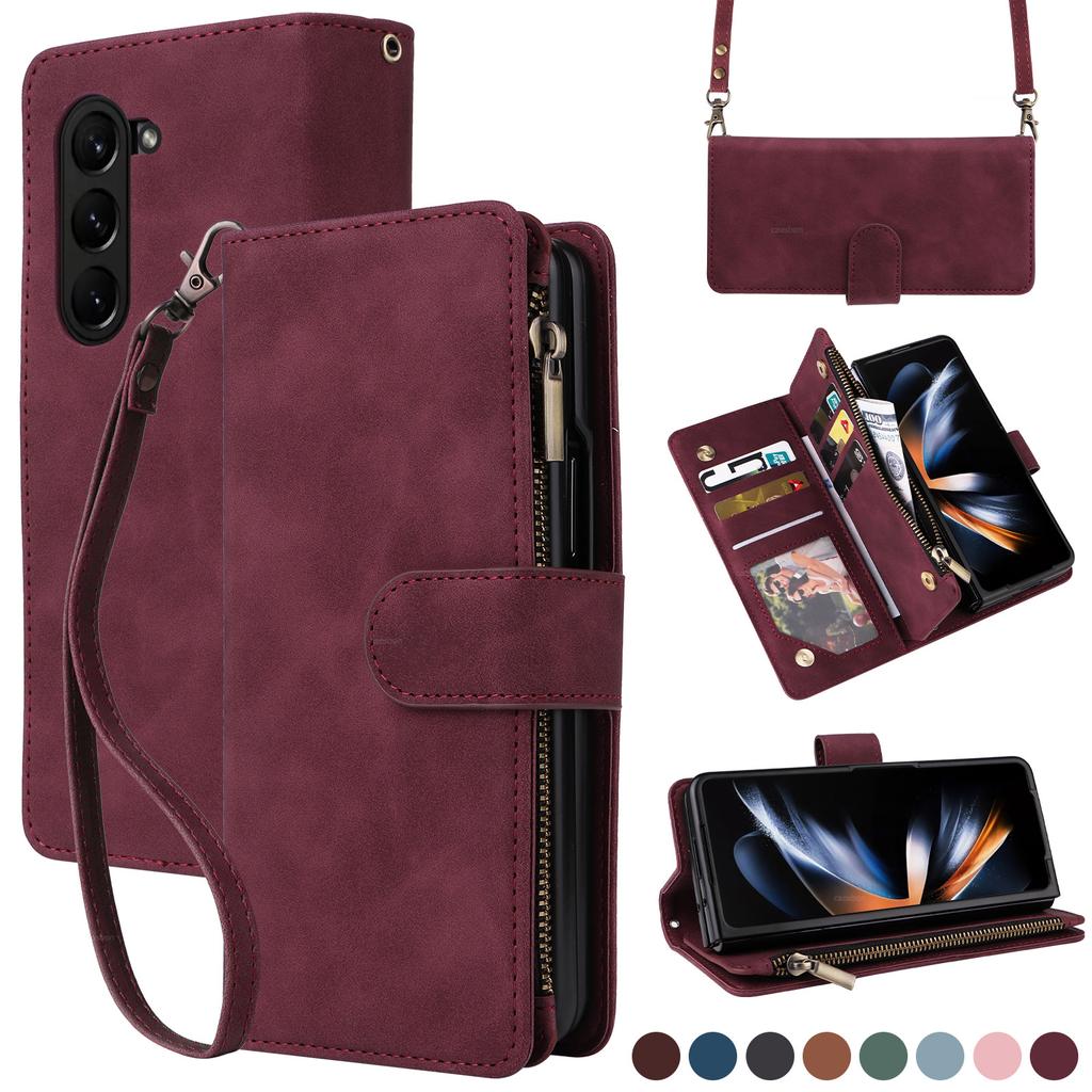 Applicable to Samsung Z Fold 6 leather case Z Flip5 folding mobile phone retro matte zipper wallet diagonal straddle