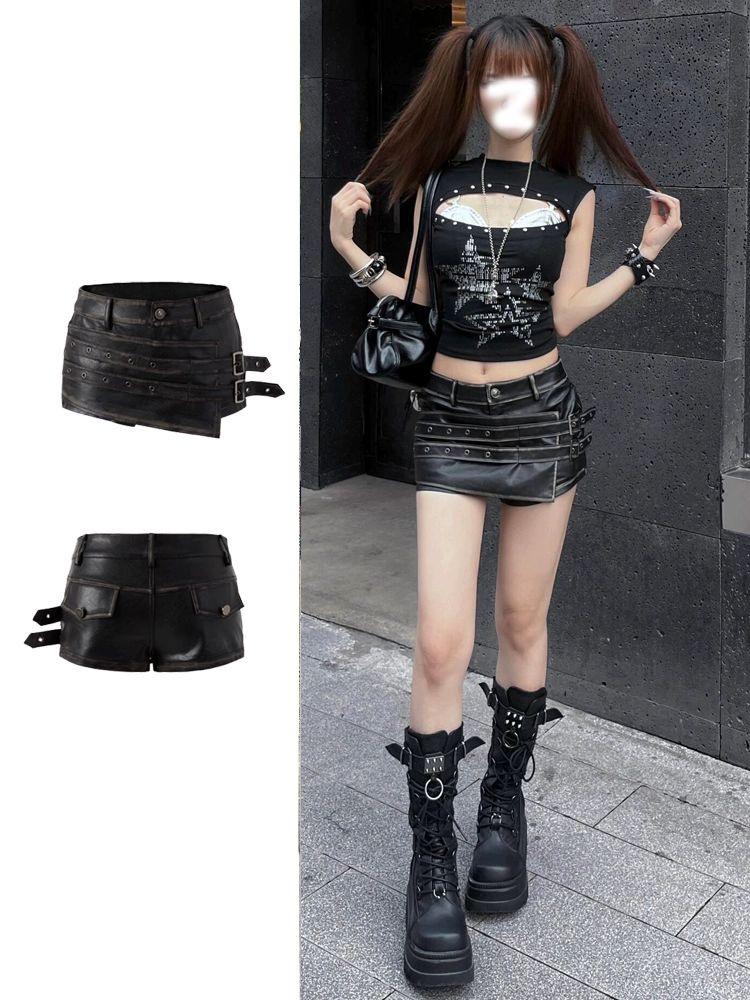 Асимметричные женские ретро-шорты из потертой кожи, облегающие бедра S чёрный