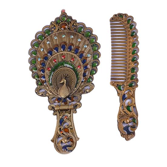 Vintage Folding Hand Mirror with Carved Comb Portable Travel Long Handle Metal Makeup Mirror Women Decorative Handheld Desk Vanity Mirror