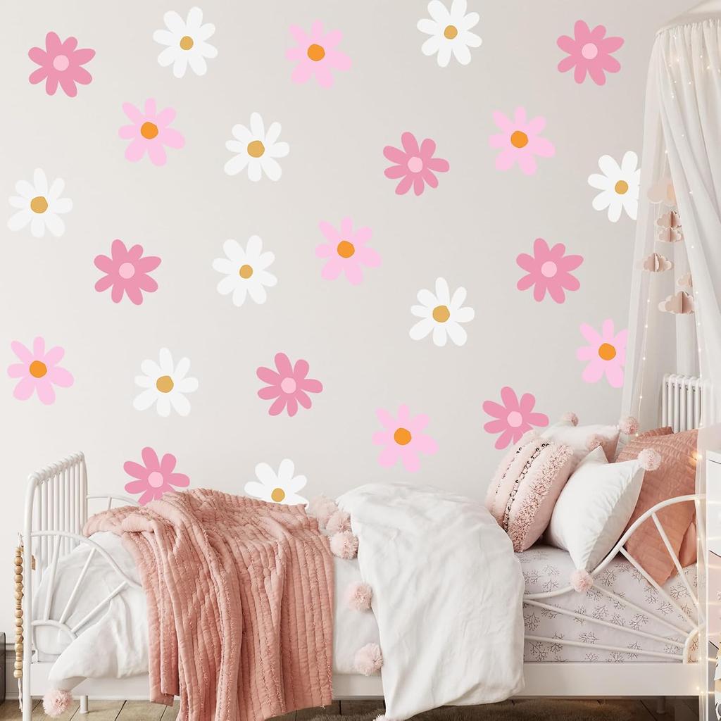 BBTO Daisy Wall Decal Flower Vinyl Wall Floral Decals Peel and Stick Daisy Stickers for Kids Nursery Art Bedroom Living Room(Pink, White)