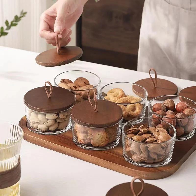 Glass Dried Fruit Plate Japanese Glass Storage Bottle with Wooden Lid Dried Fruit Snack Compartment Tray Household Snack Tray