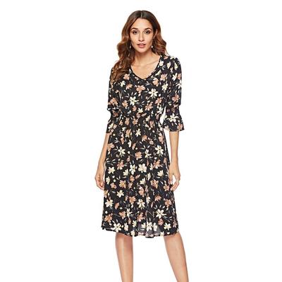 Women Spring Summer Flared Sleeve V Neck High Waist A Line Printed Chiffon Dress S-XXL