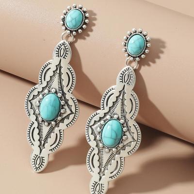 Ethnic Style Turquoise Long Earrings with Personalized Temperament and Exquisite Pattern Inlaid Earrings