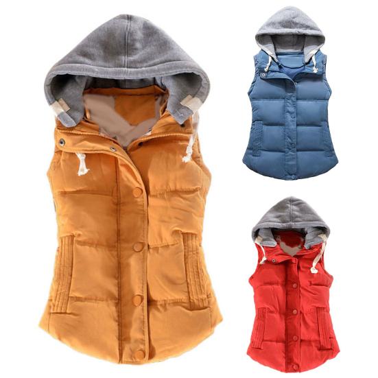 Women Autumn Winter Color Block Sleeveless Hooded Waistcoat Warm Thick Vest Coat