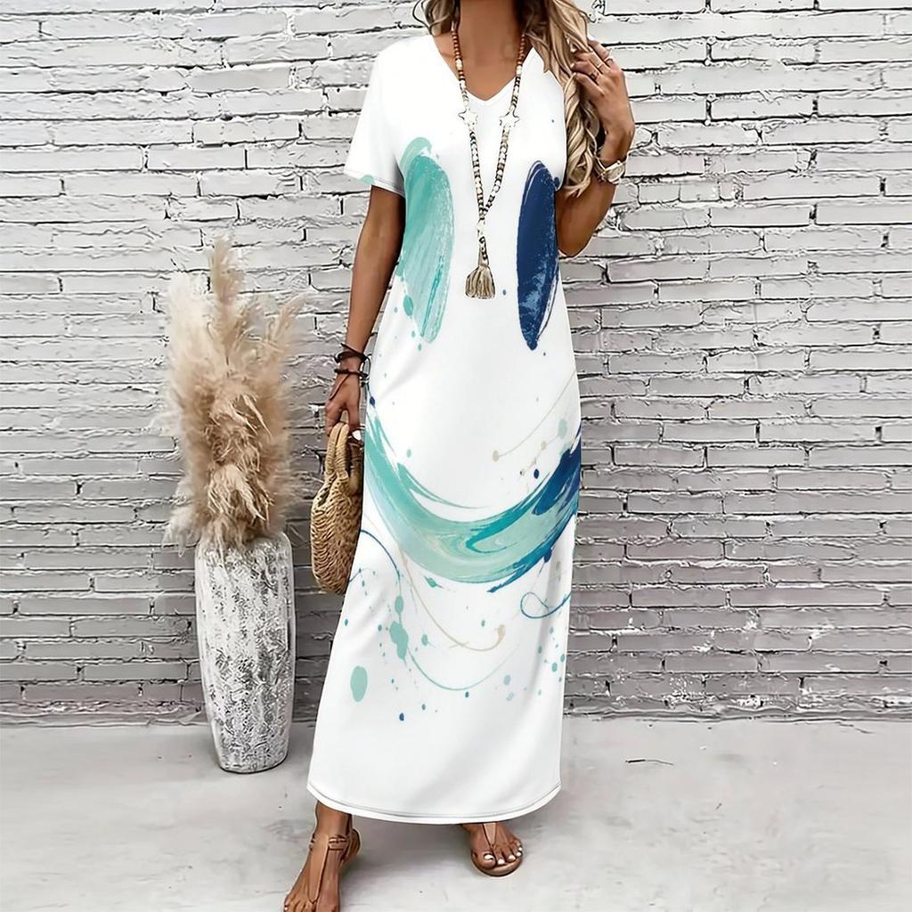 Women Plus Size V Neck Short Sleeve Printed Straight Long Dress