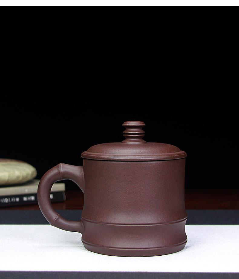Yixing Zisha Bamboo Joint Teacup with Lid - Handmade Purple Clay Cup