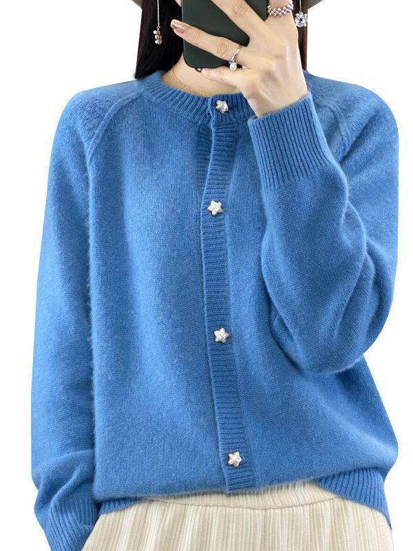 2023 Fall/Winter Women's Wool Cardigan: Stylish Round Neck, Loose Fit, Versatile Knitwear, Long Sleeve Sweater