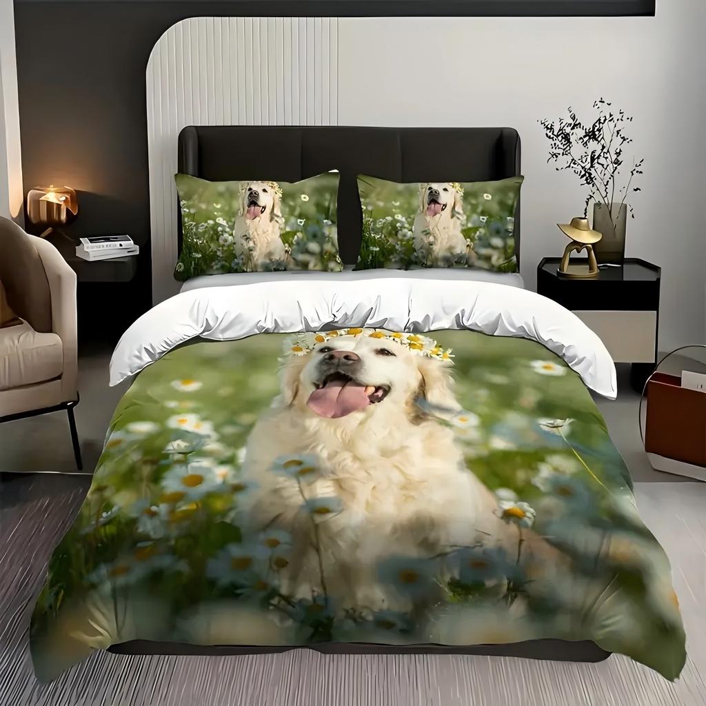 Cute Dog Wreath Flowers 3D Printed Quilt Cover Set Cute Playful Style Bedding Set Soft Comfortable Home Textiles Duvet Cover Set